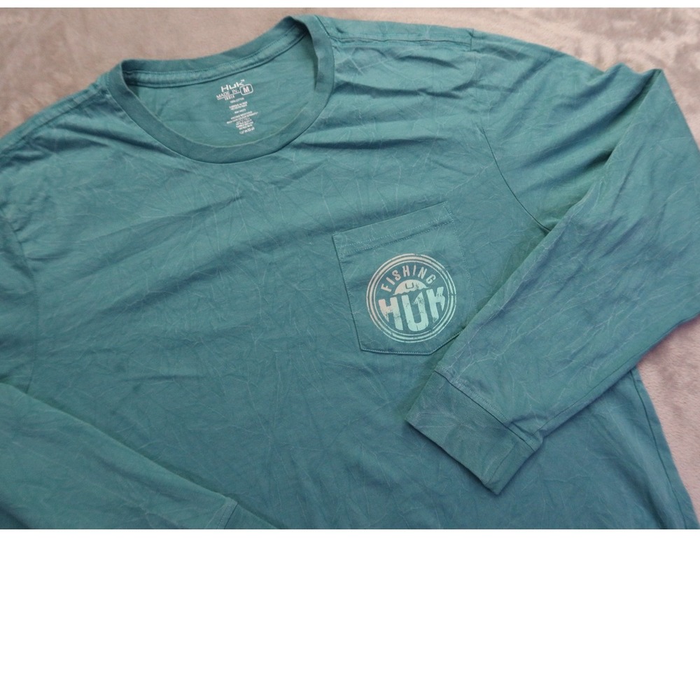 Huk Fishing Men's M Teal Long‎ Sleeve Pocket Graphic T-Shirt Cotton RN144273